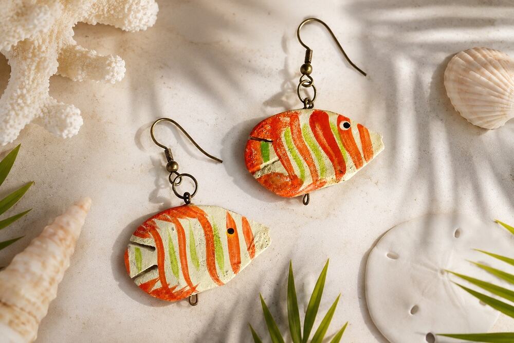 VINTAGE Hand Painted Orange and Green Wooden Fish Earrings